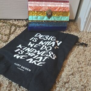 Kurt Geiger Rainbow Striped Micro Clutch with Antique Gold Chain